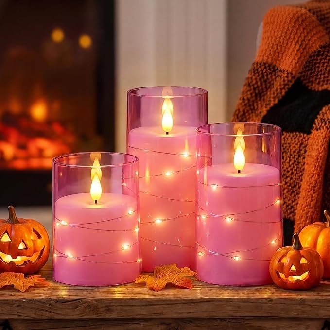 Homemory Flameless Candles with Embedded Star String Fairy Lights, Battery Operated Candles, LED Candle, Fake Candles with Remote Control and Timer, Pink, Set of 3(H 4" 5" 6”)