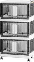 Folding Storage Organizer with Silent casters | Stackable Design for Home & Office, Heavy-Duty Plastic Storage Bin with Clear Door, 3 Sizes (19.5/23.5/27.5in),Black/White (23.6" 3 layer, White)
