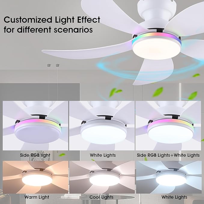 PHORUS 42" White RGB Ceiling Fans with Lights and Remote/APP, Small Modern Low Profile Ceiling Fans with Quiet Reversible DC Motor, Dimmable LED Ceiling Fan Light with 3 Colors 6 Speeds