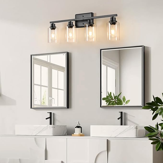 Ascher Bathroom Light Fixtures, 4-Light Vanity Lights with Clear Glass Shade, Modern Black Finish Wall Light for Mirror Bedroom Hallway Cabinet Porch