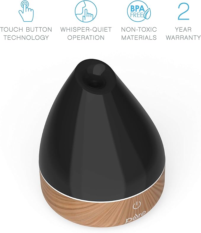 Pure Enrichment PureSpa Natural Aromatherapy Oil Diffuser (Black) - Ultrasonic Air Deodorizer with 200ml Water Tank, Wood-Grain Accents, Soft Color-Changing Lights, and Auto Safety Shut-Off