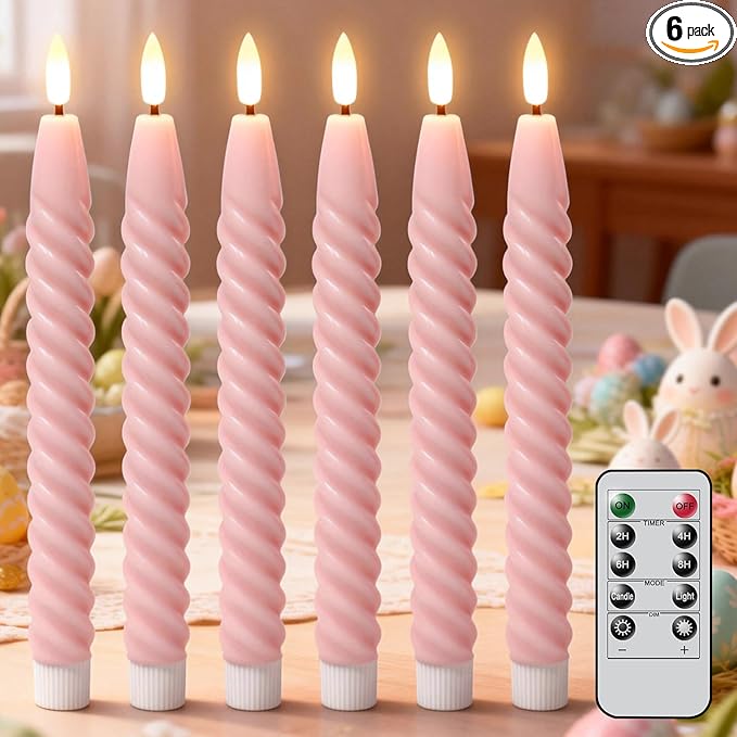 Pink Easter Flameless Taper Candles Pastel Flickering with Remote Timer, 3D Wick LED Spiral Wedding Candles Battery Operated 6 Pack Real Wax Home Birthday Spring Easter Decorations
