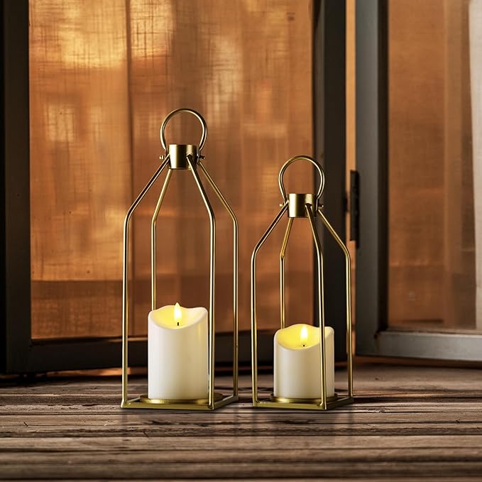 Homemory Modern Farmhouse Lantern Decor with Waterproof Flameless Candle & Remote Timer, 2PCS Gold Metal Candle Lantern Decorative for Outdoor Indoor Home Living Room Patio Porch Table (Gold)