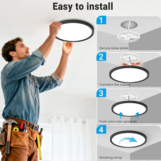 4 Pack LED Flush Mount Ceiling Light,12Inch 24W,3000K/3500K/4000K/5000K/6500K 5 Color Temperatures Ceiling Light Fixture for Kitchen Porch Hallway Bedroom Bathroom and Closet,Black