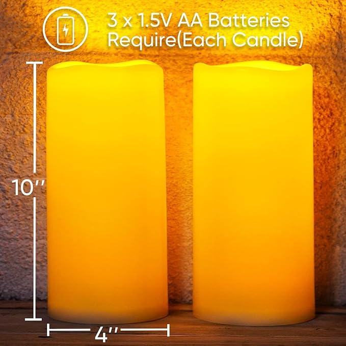 Homemory 10" x 4" Large Waterproof Outdoor Flameless Candles with Remote Control and Timer, Battery Operated Flickering LED Pillar Candles for Outdoor Larterns, Porch, Long Lasting, Set of 4