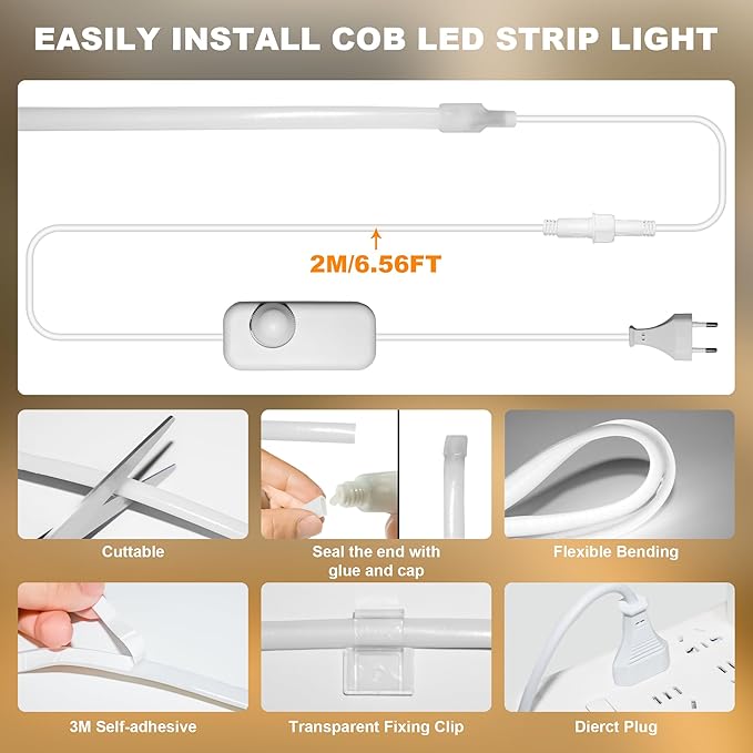 IP67 Waterproof COB LED Strip Lights AC 110V-120V Direct Plug, 100FT Super Bright Outdoor Strip Lights with Double Fuse Controller, 6500K White LED Strips for Garden Patio Commercial Decor