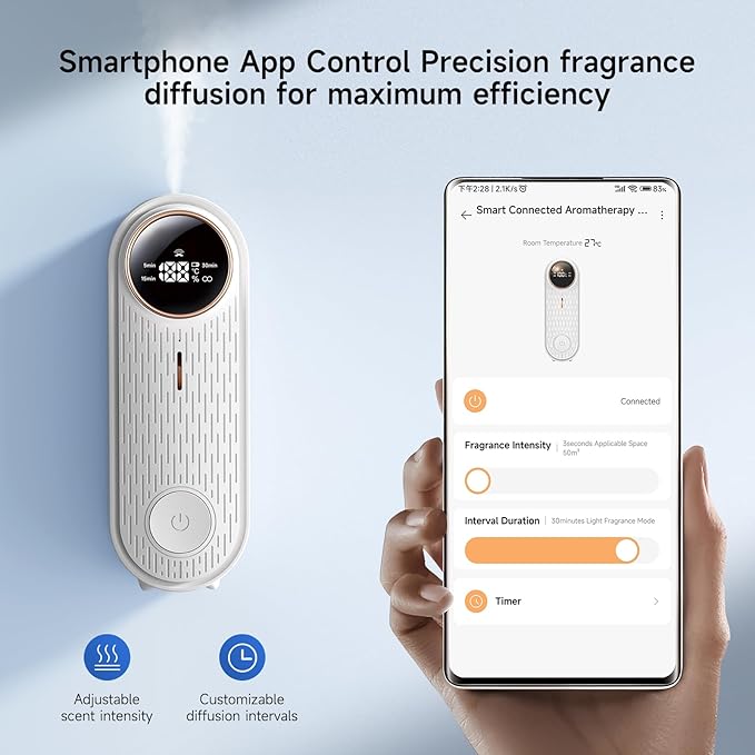 Essential Oil Air Freshener Diffuser with App Control - Waterless Aromatherapy Diffuser for Home, Office, Bathroom | 6 Essential Oils Included, Temperature Display