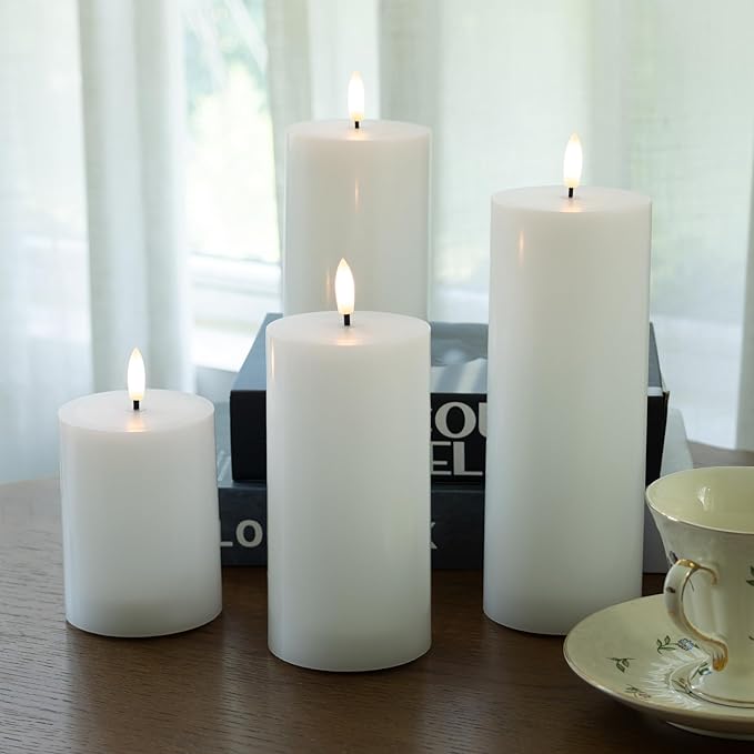 White Flameless Pillar Candles, Battery Operated Wax Candles with Remote, Flat Top Flickering Flameless Candles, LED Candle for Home, Wedding, Party Decor, Set of 4, Φ 3" H 4" 5" 6" 8"