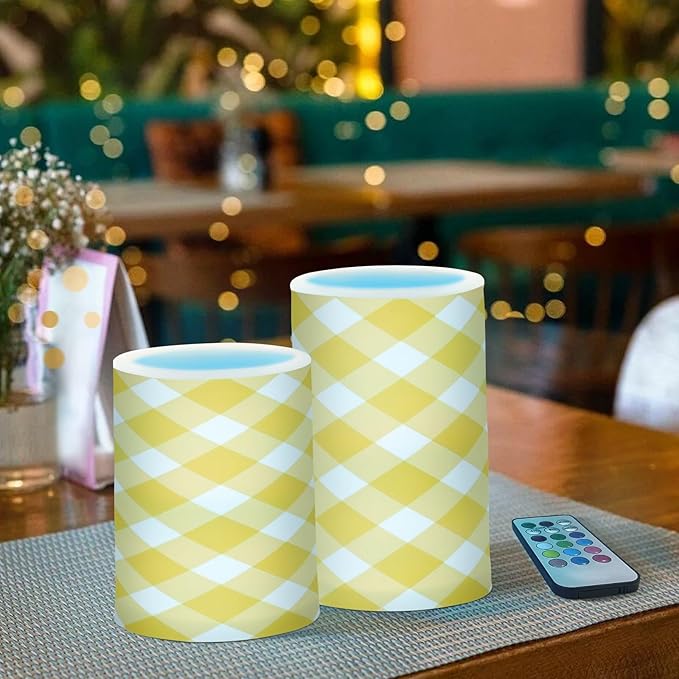 Graffiti Plaid Pattern Flameless Candles Color Changing LED Candles with Remote Control Battery Candles for Outdoor and Indoor Home and Room Decoration, 3'' x 4''/5'' Set of 2 Pieces
