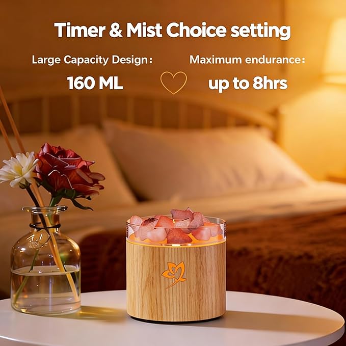 4-in-1 Ultrasonic Crystal Salt Stone Aromatherapy Diffuser & Humidifier - 7-Color LED Dreamy Flame Light, Auto Shut-Off, 2 Modes | Home/Office/Yoga (Wood Grain)