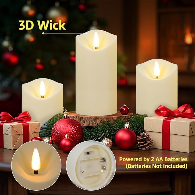 uuffoo Flameless Candles with Timer 3Pc Battery Operated Flickering Pillar Candle w/Remote, 3D Wick Acrylic LED Pillar Candles for Halloween Christmas Home Decoration (Ivory)