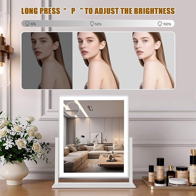 Vanity Mirror with Lights 16.5"x 14.5", LED Makeup Mirror, 3 Color Lighting Modes, 10X Magnification, Smart Touch Control, Dimmable, Aluminum Metal Frame, Lighted Up for Vanity Desk (White)