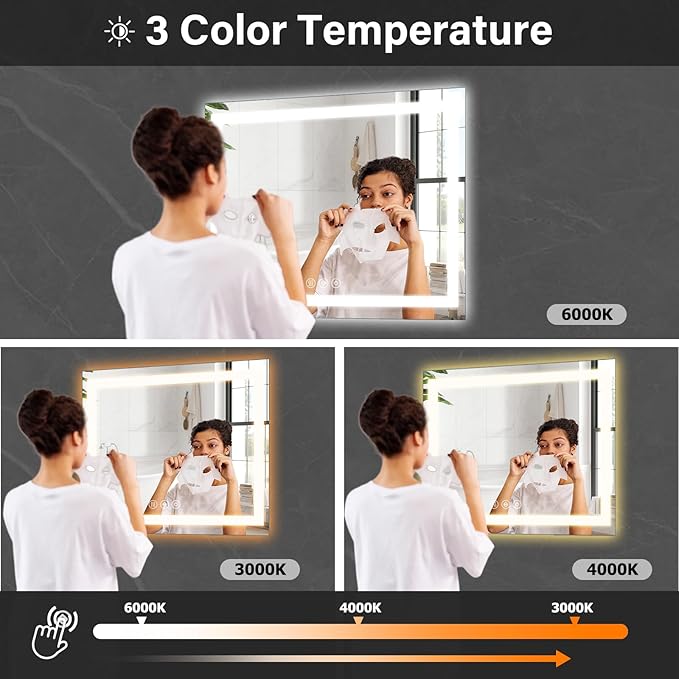 36"x 36"LED Bathroom Mirror, Backlit + Front Lit, LED Bathroom Mirror with Lights for Wall, 3 Colors, Anti-Fog, Dimmable Brightness, Tempered Glass