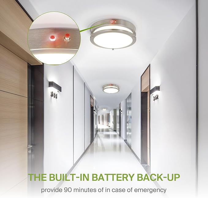 ASD LED 12" Round Flush Mount Lighting, Close to Ceiling Light Fixture | 3CCT, Dimmable, Battery Backup, ETL Listed | 20W 1876LM 3000-5000K 100-277V | Low Profile Double Ring Lamp | Nickel