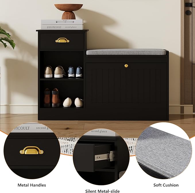 Shoe Storage Bench, Modern Wooden Shoe Cabinet with Flip Drawer and Adjustable Shelf, Entry Way Bench with Padded Seat Cushion for Entryway, Hallway, Living Room,Black