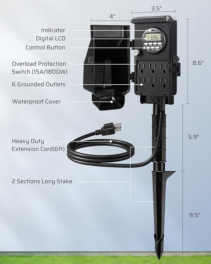 DEWENWILS Outdoor Digital Power Strip Timer, Multi Sockets, Waterproof 6 Outlets Garden Power Stake, 6ft Cord, Outdoor Timer for Lights, Yard, Garden, 15A Heavy Duty