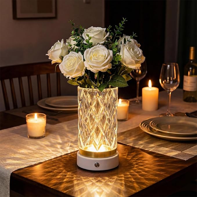 Crystal Table Lamp, Portable LED Bedside Lamp Touch Control, 3 Color Modes Dimmable, USB Rechargeable Night Light, Water Cup Design for Bedroom Living Room Home Decor