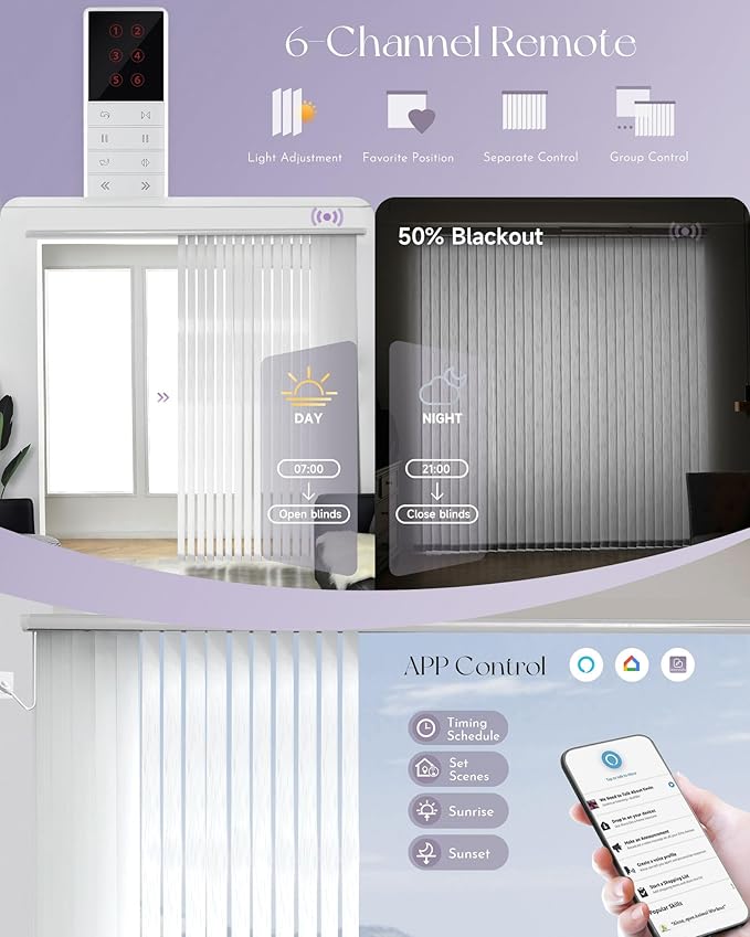 Graywind Motorized Half Shading Vertical Blinds Compatible with Alexa Google Privacy Smart Vertical Blind Remote Control Track Slats Set for Sliding Door With Valance, Width Up To 157", Textured White