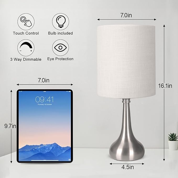 Boncoo Touch Control Table Lamp, 3 Way Dimmable Simple Night Light Lamp with White Lampshade Silver Metal Base, Small Bedside Table Lamp for Bedroom, Office, Dorm, A19 9W 3000K Bulb Included