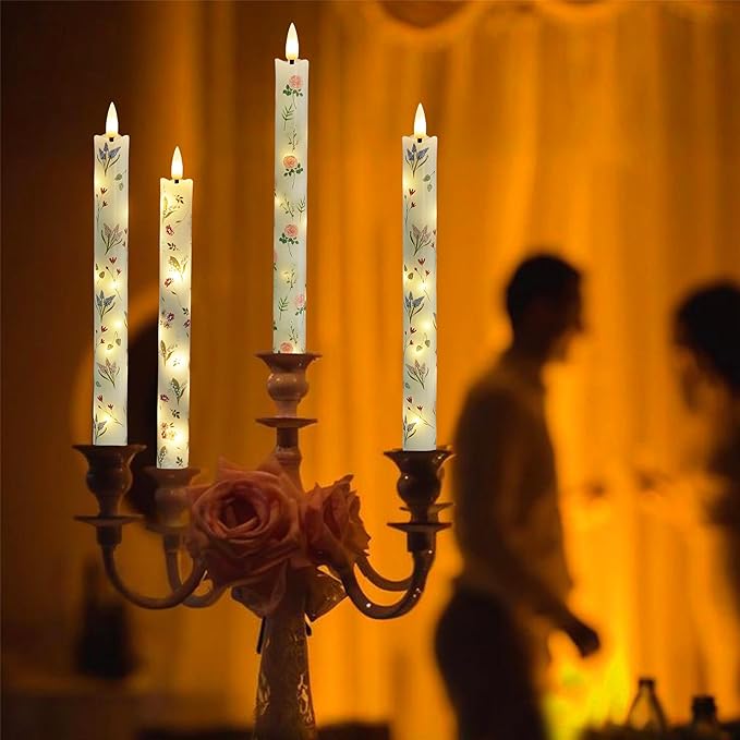 Floral Candles Remote Candlesticks-10inches Timer Flickering Battery Operated Candle Chinoiserie LED Taper Candles Lights for Home Wedding Tea Party Windows Decor,3PCS-RFL