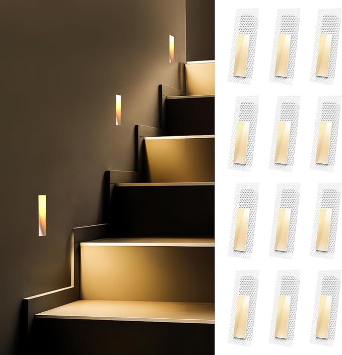 SCON 12-Pack Trimless Recessed Step Lights, 2W 3000K Warm White Wall Light, Indoor Rectangle Skirting Board Lighting, Invisible Stair Lights for Hallway, Bedroom, Staircase (No Dimming)