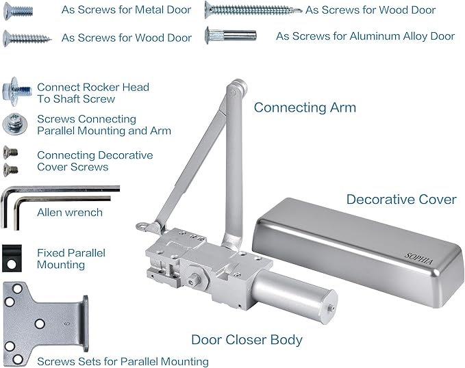 SOPHIA Automatic Door Closer Heavy Duty, Commercial Grade 1, Adjustable Spring Size 1-6 for High Traffic, ADA Compliant & UL Listed, Door Hydraulic Closer, Backcheck & Delayed Action, Silver