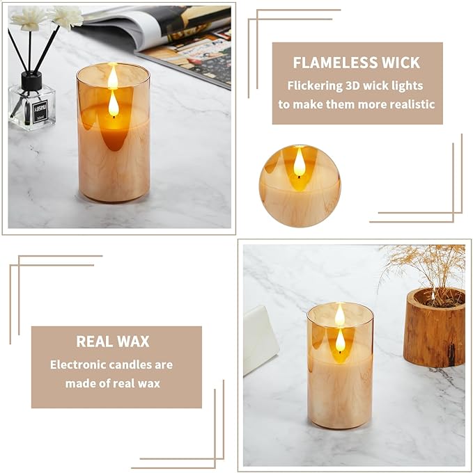 Battery Operated Flickering Flameless Candles with Remote and Timer, led Candle with 3D Wick Last 1000+ Hours Real Wax Electric Candles Pillar Candle, Gold Glass for Wedding, Festival 3" x 5"