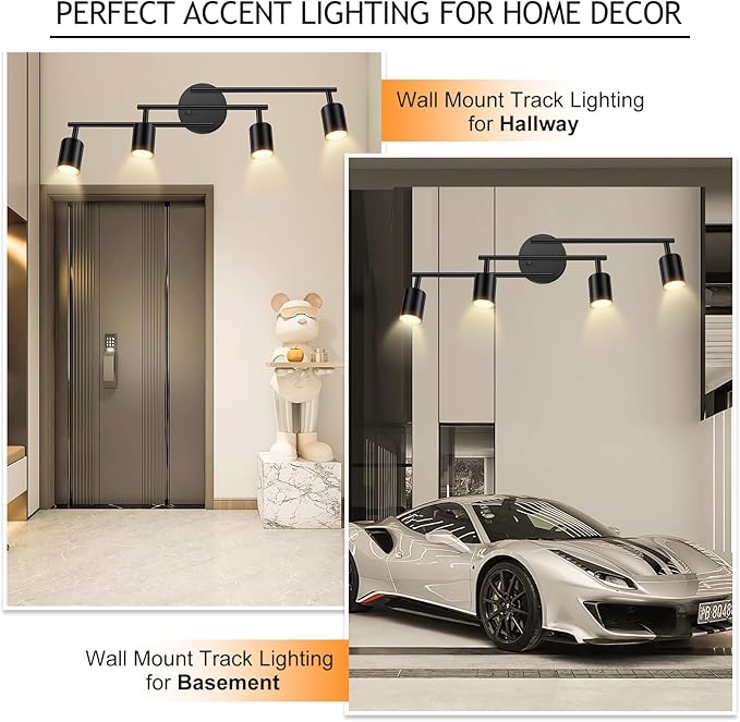 BoostArea 4 Light Track Lighting Kit, Black 4 Way Ceiling Spot Lighting, Center Swivel Track Light Heads, Flexibly Rotatable Light Head for Kitchen, Living Room, Bedroom, GU10 Bulb Not Included