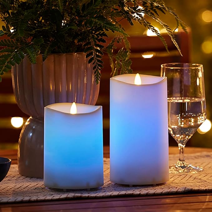 Luminara Outdoor Flameless LED Coloring Changing Candle Melted Edge 3.75" x 7" Real Moving Flame Battery Operated Timer Plastic Weather-Resistant