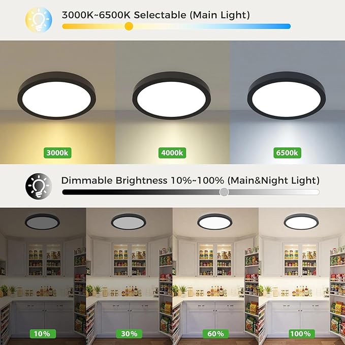 zemty 9 Inch LED Ceiling Light with Night Light 1800K, 3000K/4000K/6500K Dimmable Light Fixtures with Remote Control,15W 1500lm Flush Mount Ceiling Lamp for Bedroom LivingRoom Bathroom Kitchen-Black