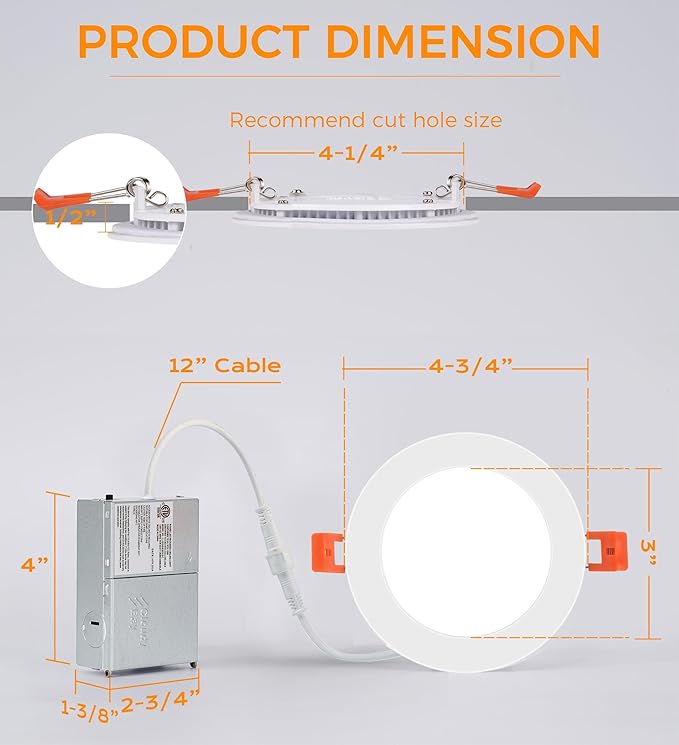 CLOUDY BAY 12 Pack 4 Inch 5CCT Ultra-Thin LED Recessed Ceiling Light with Junction Box,2700K/3000K/3500K/4000K/5000K Selectable,10W Dimmable Canless Wafer Downlight,White, 650LM High Brightness