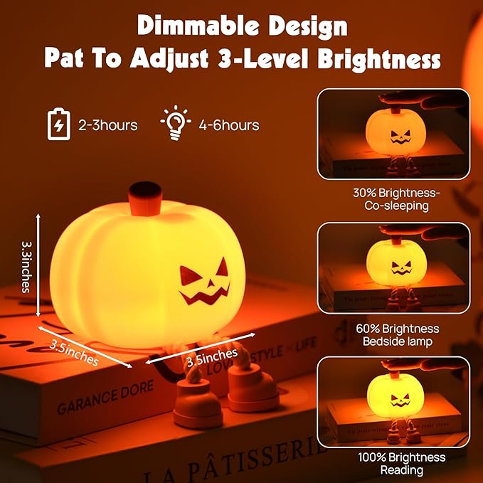 Cute Silicone Pumpkin Night Light, Rechargeable Dimmable Nursery Nightlight, Bedside Touch Lamp for Breastfeeding, Pumpkin Decor for Fall Decorations (Halloween)
