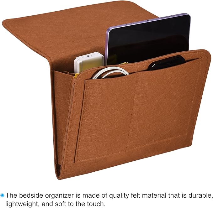 PATIKIL 11in Bedside Caddy, Bed Caddy Bedside Organizer Hanging 5 Pocket Soft Felt Bed Pockets Bedside Storage Organizer Remote Control Holder for Bedroom Phones Glasses, Brown
