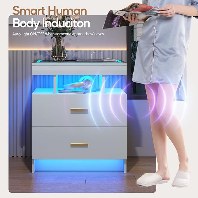 LED Nightstand with Wireless Charging Station,White Night Stand with 2 Drawers,Glass Top Smart Bedside Table,Modern End Table Side for Bedroom,Living Room,Office