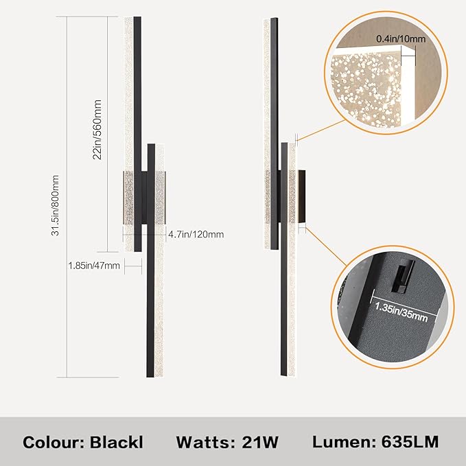 Modern Black Wall Sconces 31.5In Hardwired Wall Light Fixtures Dimmable LED Sconce Wall Lighting Indoor Wall Lamps for Living Room Bedroom Bathroom Hallway Stairs 3000K