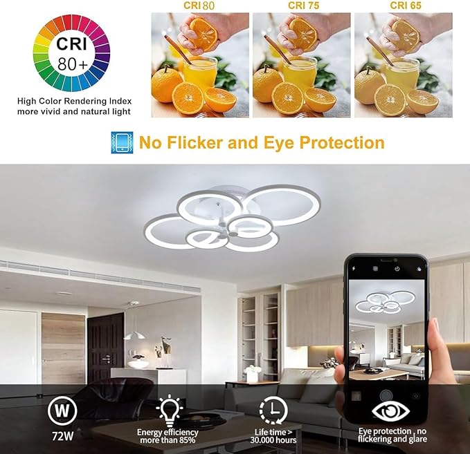 Ganeed LED Ceiling Light Fixture with Remote Control,72W Modern Acrylic Chandeliers,Dimmable Light Color Flush Mount Ceiling Lamp 6 Heads for Dinning Room Bedroom Kitchen Light Fixtures,3000-6500K