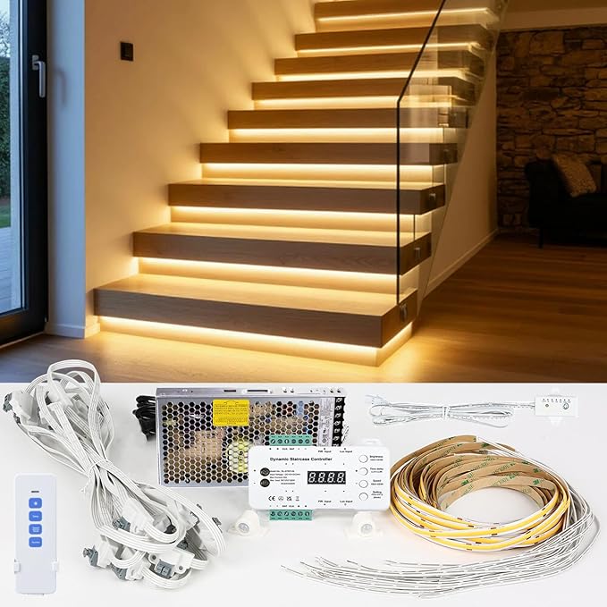 Intelligent Motion Triggered LED Stair Lighting Kit Daylight Sensor PIR Sensor Control Staircase Light One Main Line Design 16 Stairs 40in COB LED Strip Light for Indoor Stair (Warm White-2700K)