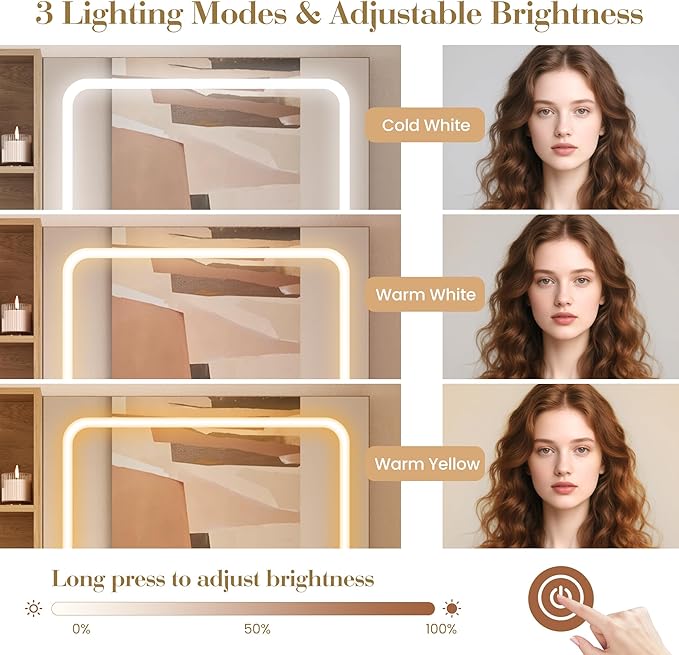 GarveeHome Foldable Makeup Vanity with Lighted Mirror, Vanity Desk with Power Strip, Adjustable Lighting, Drawers and Cushioned Stool, Foldable Panel for Compact Space Bedroom, Natural