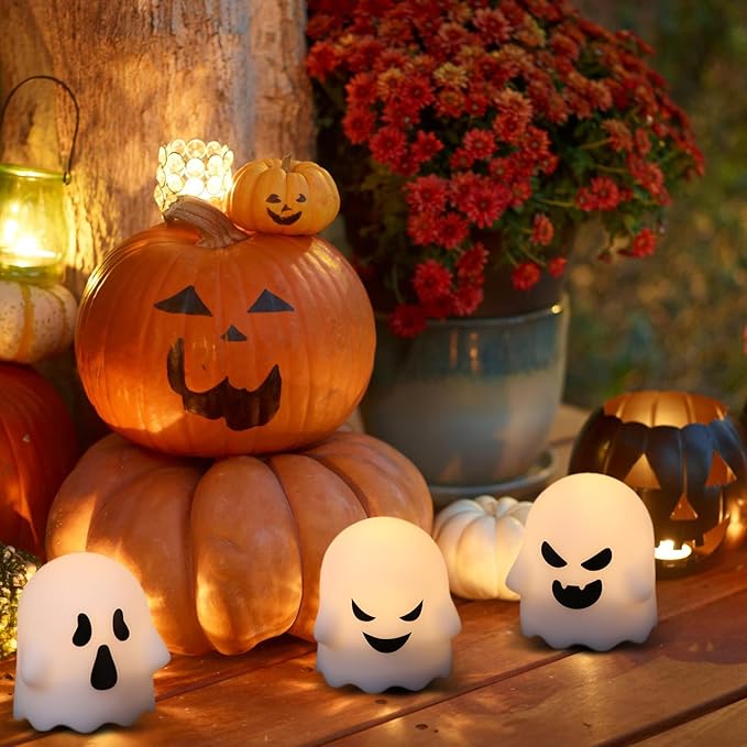 Ghost Halloween Decorations Flameless Candles with Remote Timer, 6 Pack Grimace Ghost Candles, Battery Operated Halloween Lights Dimmable Halloween Decor Indoor