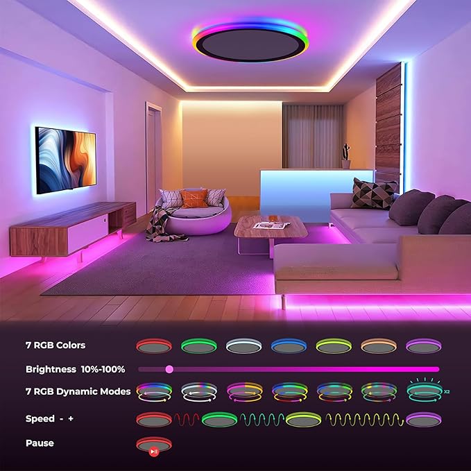 BLNAN RGB Led Flush Mount Ceiling Light with Remote Control, 13Inch 24W 2400LM 3000K-6500K Dimmable Color Changing Wired Light Fixture, Colorful for Bedroom Kids Room Party Festival, Black