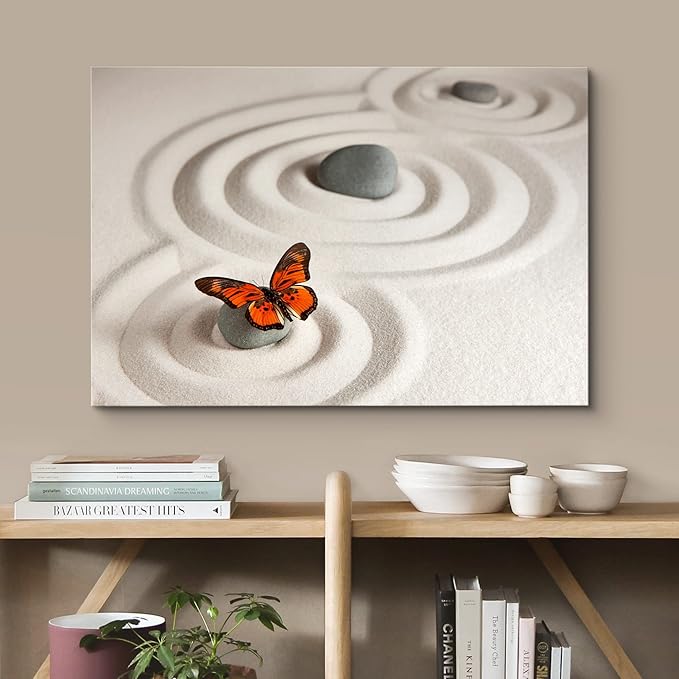 wall26 Canvas Print Wall Art Zen Garden with Stones & Monarch Butterfly Nature Wilderness Photography Realism Chic Scenic Relax/Calm Multicolor for Living Room, Bedroom, Office - 12"x18"