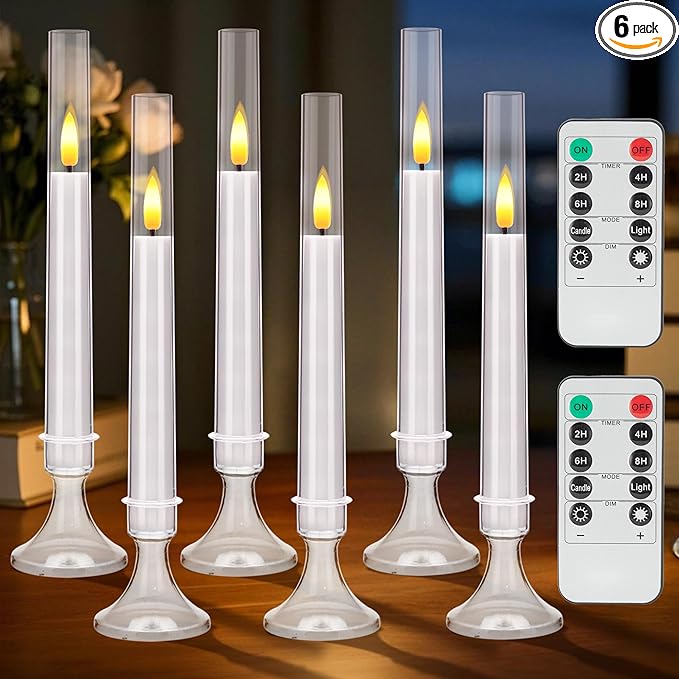 White Flameless Taper Candles, 6 Pack Acrylic LED Candles with Remote Timer, 9.25"x0.75" Battery Operated Flickering Window Candle for Home Wedding Decor, and Holiday Celebrations