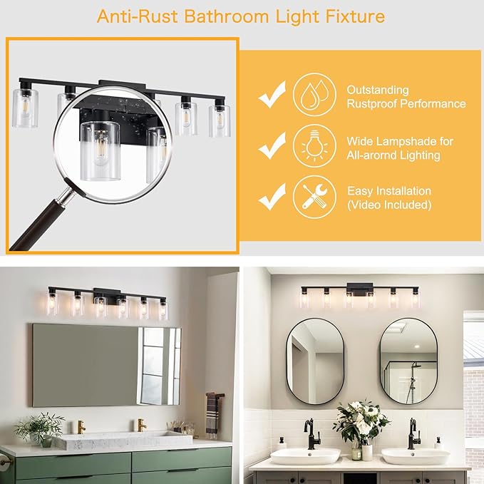 6-Light Bathroom Vanity Light Black Vanity Lights for Bathroom Light Fixtures Matte Black 6 Light Fixtures with Clear Glass Shades for Bath Over Mirror