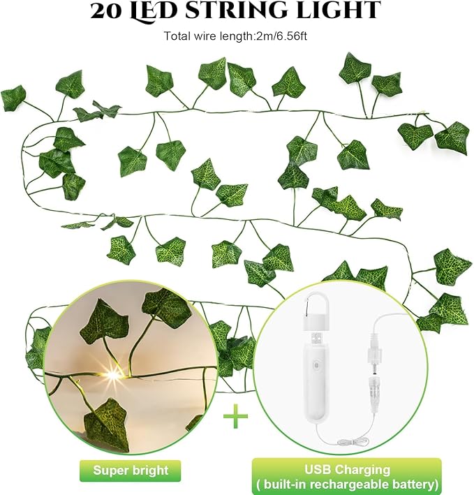 Vine with Fairy Lights Rechargeable, 6.56ft Ivy Leaf with 20 LED, 8 Mode and Timer USB Removable Battery Compartment Twinkle String Light for Indoor/Outdoor, Wedding Party Room Wall Decor, Warm White