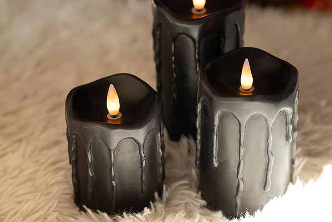 Black Flameless Pillar Candles Flickering with Remote Timer, Battery Operated LED Candles Up to 400 Hours, 3D Moving Flame Real Wax Candles(Black with Dripping Tear)