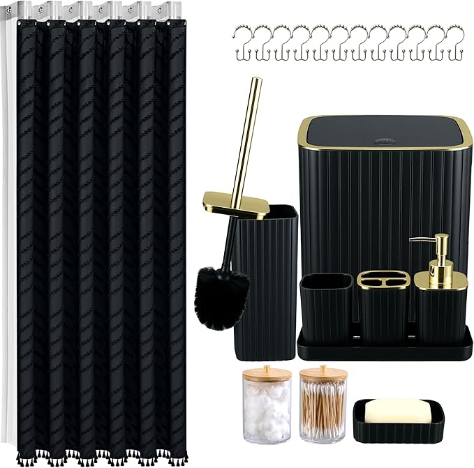 Bathroom Accessories Set-23Pcs Set, Complete Bathroom Decor, Bathroom Set with Shower Curtain & Liner Sets, Trash Can, Soap Dispenser,Modern Bath Essentials (Black, Bath Set+Shower Curtain&Liner Set)