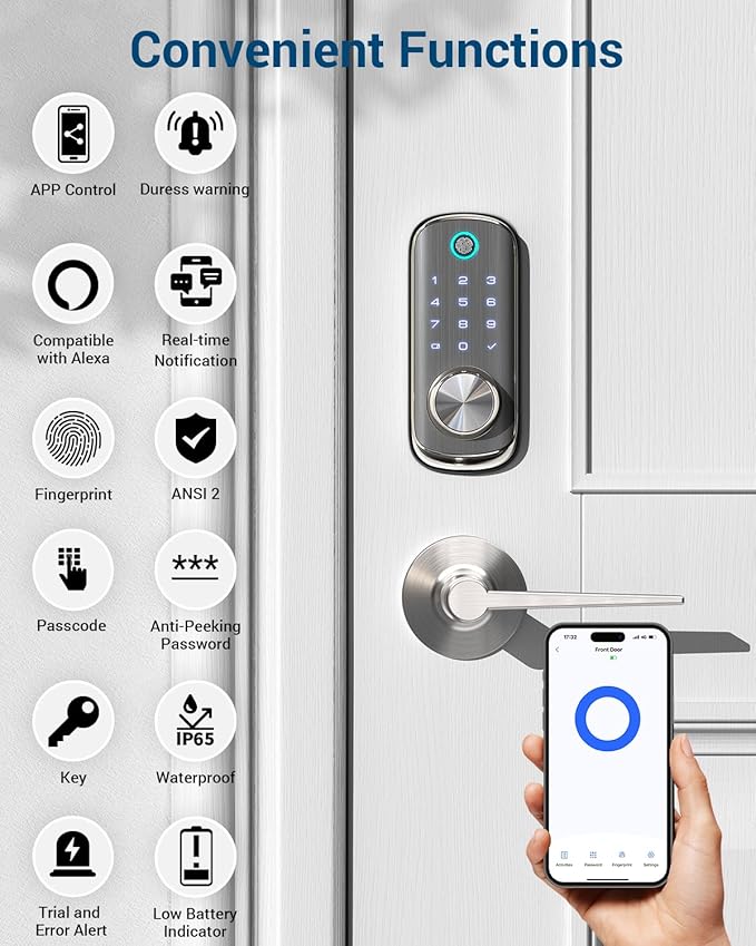WiFi Smart Door Lock - TEEHO Fingerprint Keyless Entry Lock for Front Door - Built in Wi-Fi Smart Deadbolt - APP Remote Control - IP65 Weatherproof - ANSI Grade 2 - Bright Nickel