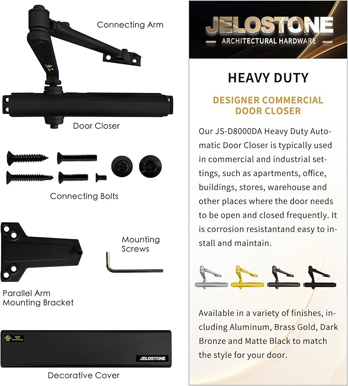Heavy Duty, Commercial Door Closer D8000DA, ANSI Grade 1, UL 3 Hour Fire Rated, ADA Compliant, Delayed Action, Adjustable Spring Size 1-6 for Doors(44-330LB/30-60 in), Indoor/Outdoor(Matte Black)