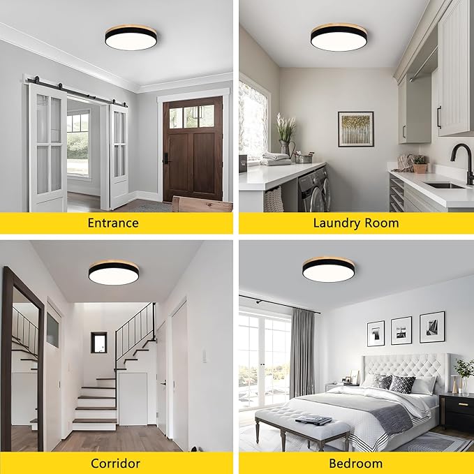 Modern Wood Black Flush Mount Ceiling Light, 15.74" Round LED Low Profile Close to Ceiling Fixture for Kitchen Bedroom Bathroom Laundry Hallway Entryway Closet Living Room