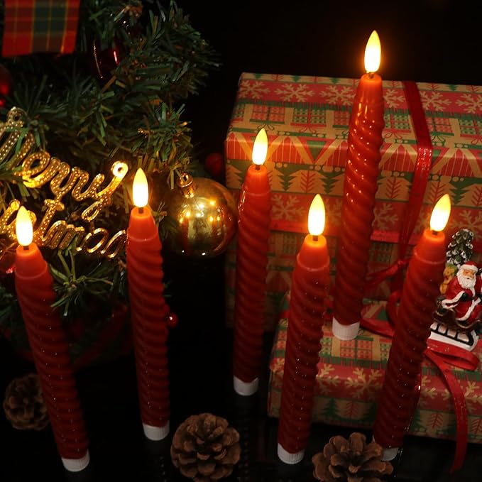 Red Flameless Taper Candles Flickering with Remote Timer, 3D Wick LED Spiral Candlesticks Battery Operated 6 Pack Real Wax Party Christmas Home Decor(0.78 X 9.8 Inchs)